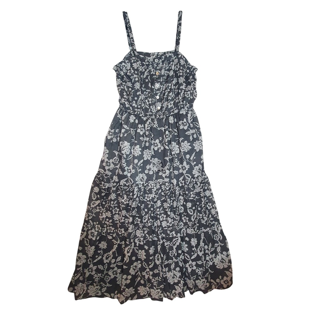 Keren Hart Floral Maxi Dress Large Gray White Tiered Button Pockets Boho Lining